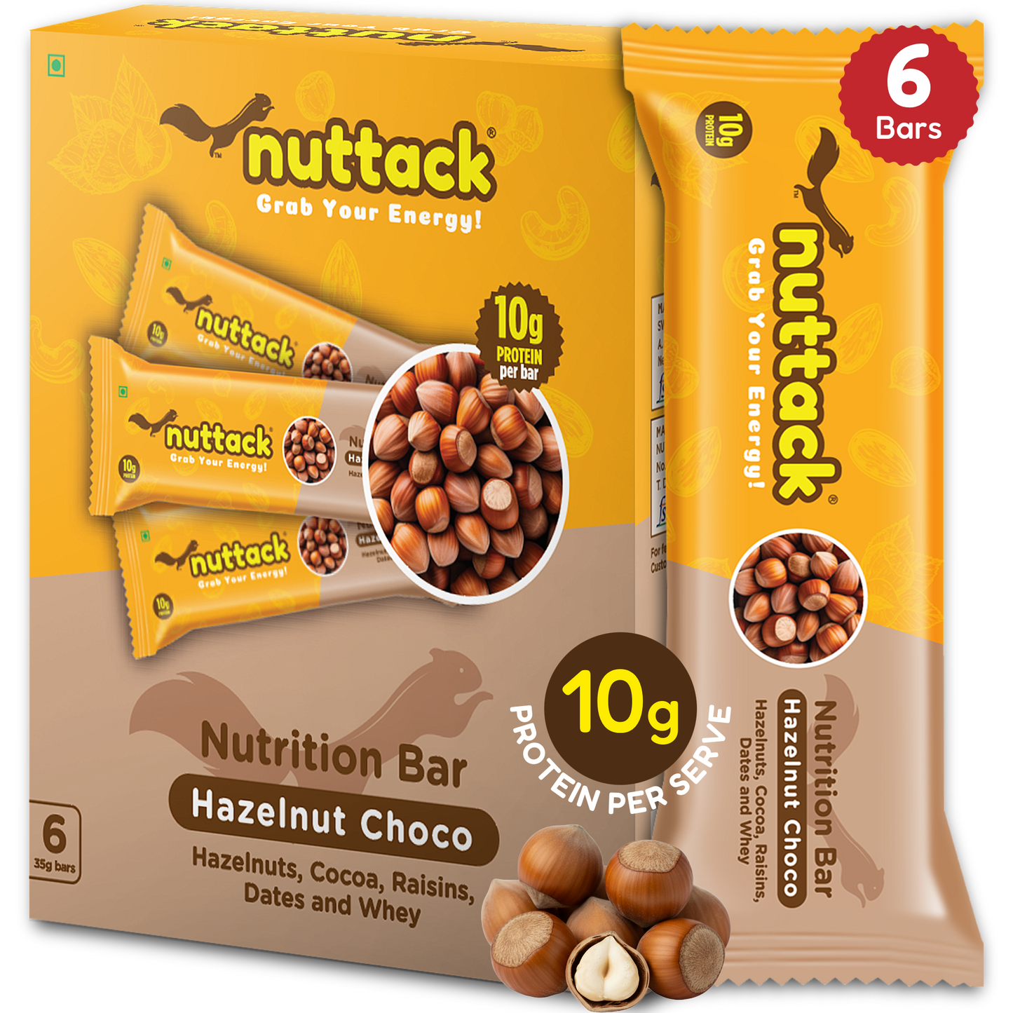 Hazelnut Choco-Nutrition Bars with 10g Protein (Pack of 6)