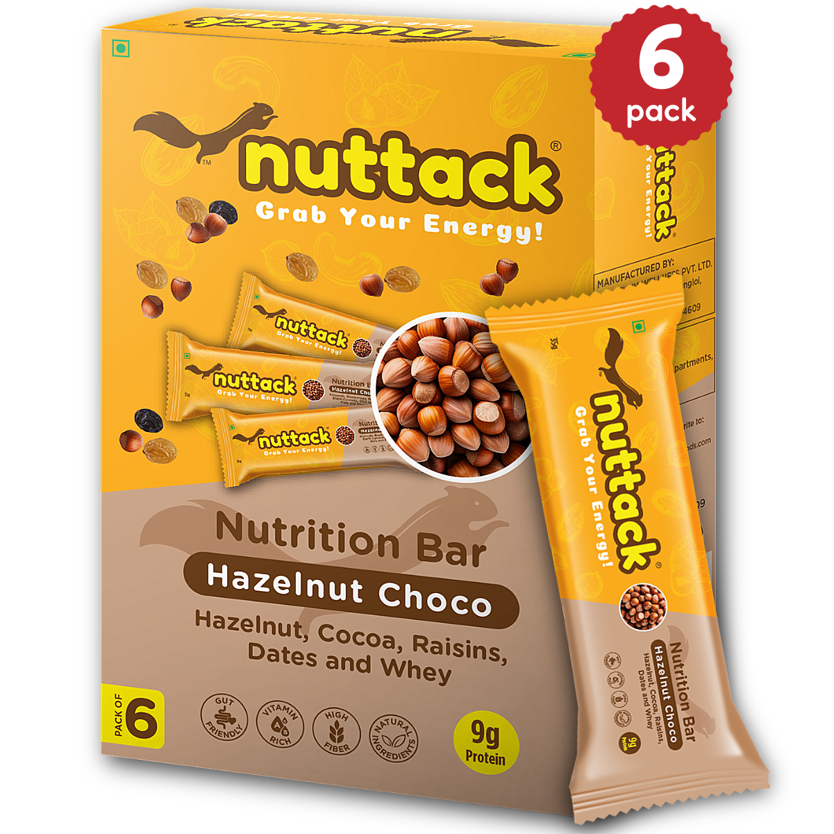 Hazelnut Choco-Nutrition Bars with 9g Protein (Pack of 6)