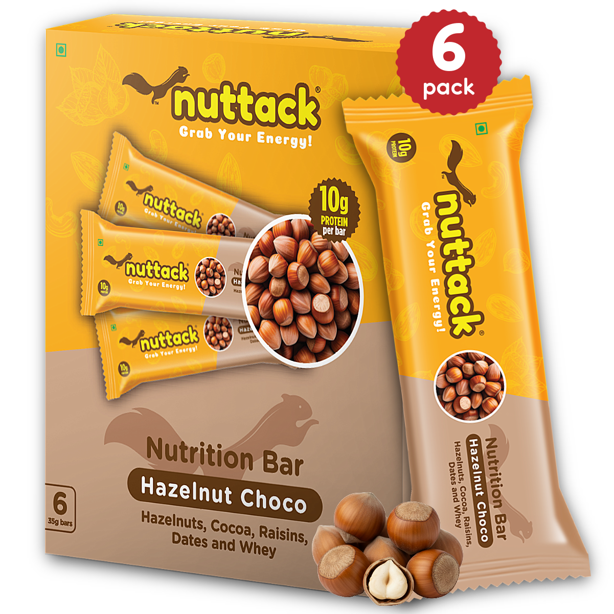 Hazelnut Choco-Nutrition Bars with 10g Protein (Pack of 6)