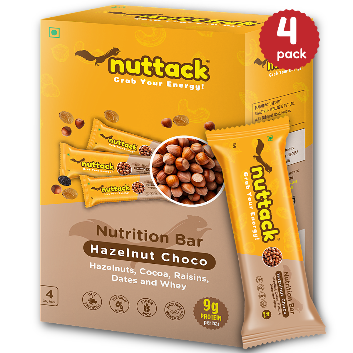 Hazelnut Choco-Nutrition Bars with 9g Protein (Pack of 4)