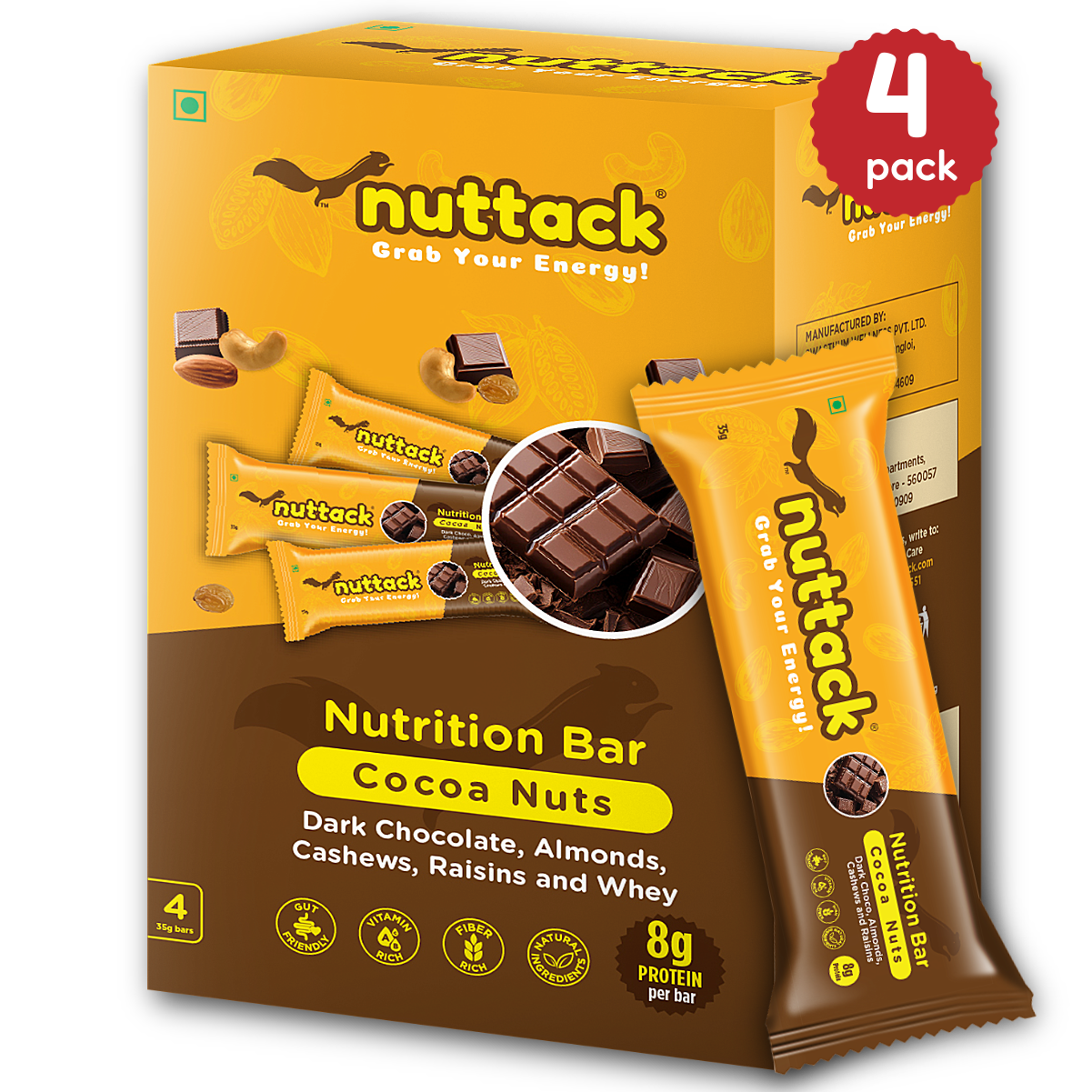 Dark Chocolate with Nuts-Nutrition Bars with 8g Protein (Pack of 4)