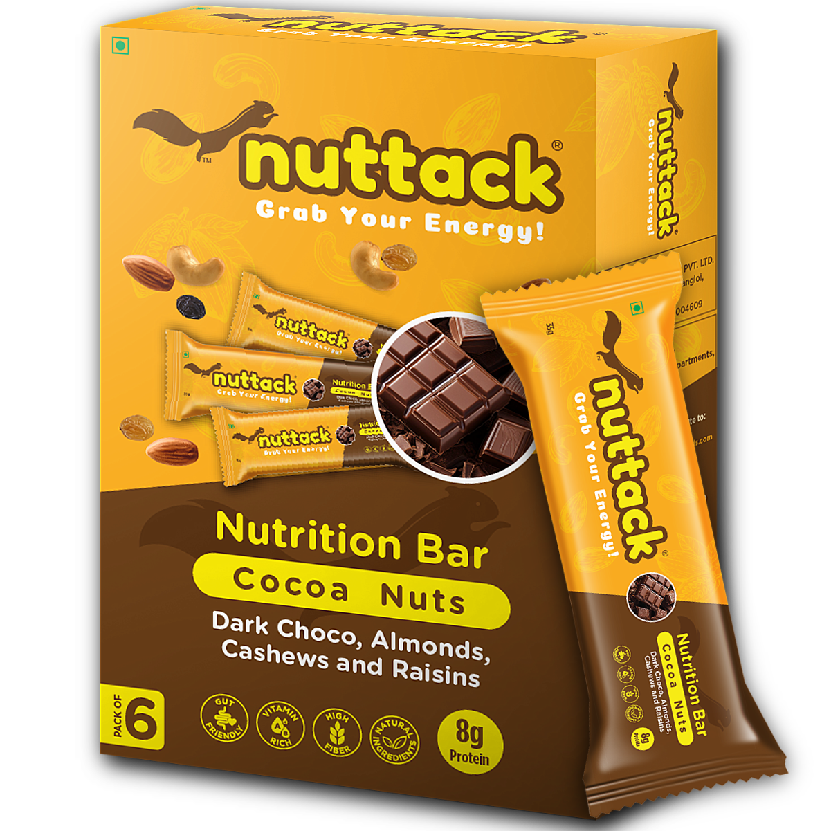 Dark Chocolate with Nuts-Protein Bars with 8g Protein (Pack of 6)