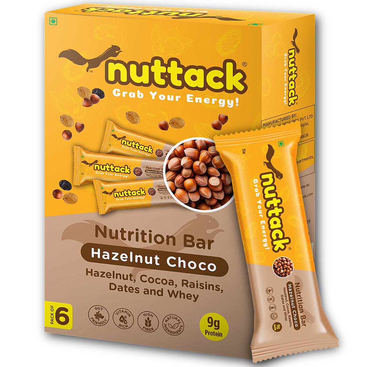 Hazelnut Choco-Protein Bars with 9g Protein (Pack of 6)